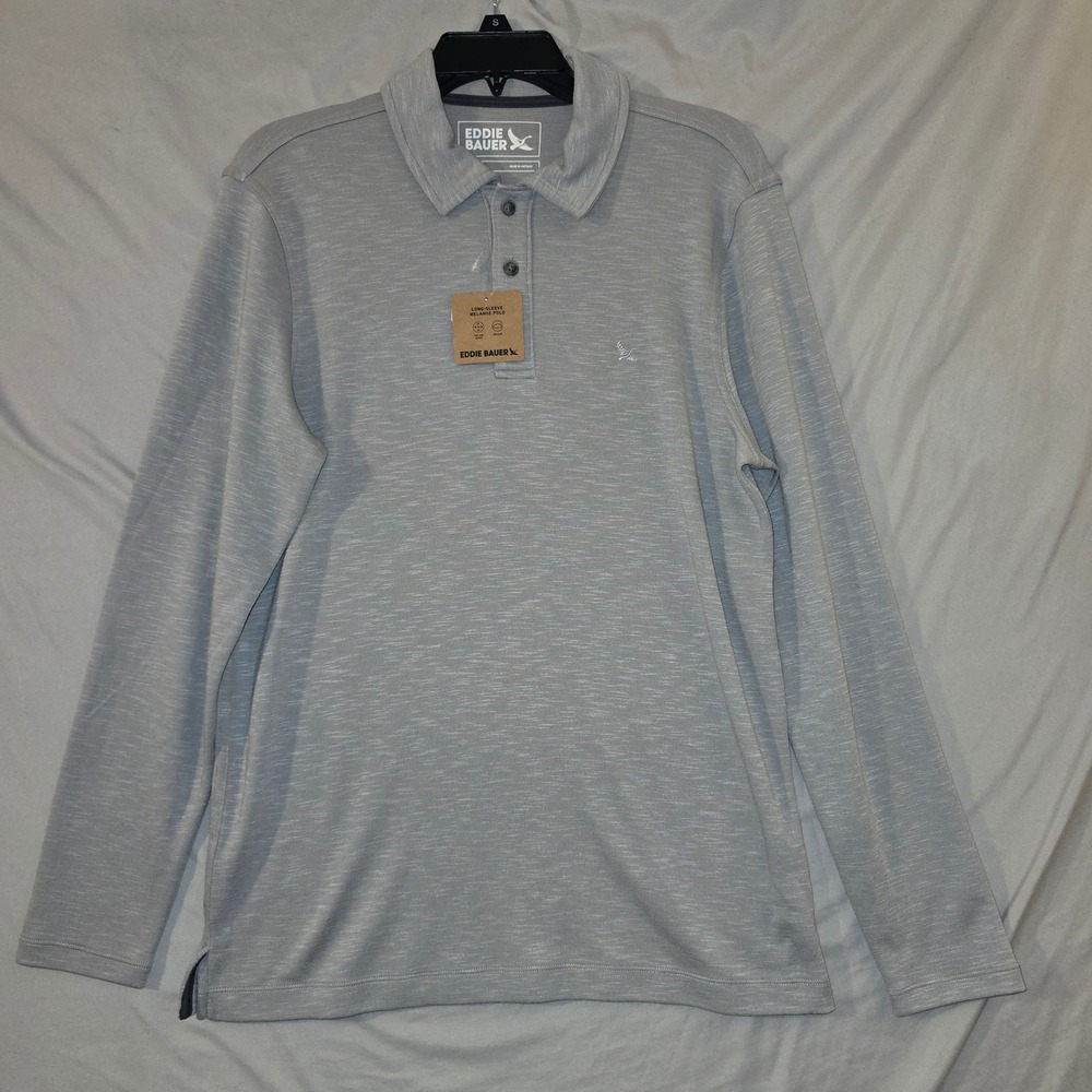 Eddie Bauer Long Sleeve Melange Polo Size S Men Grey Stretch Ultrasoft NWT